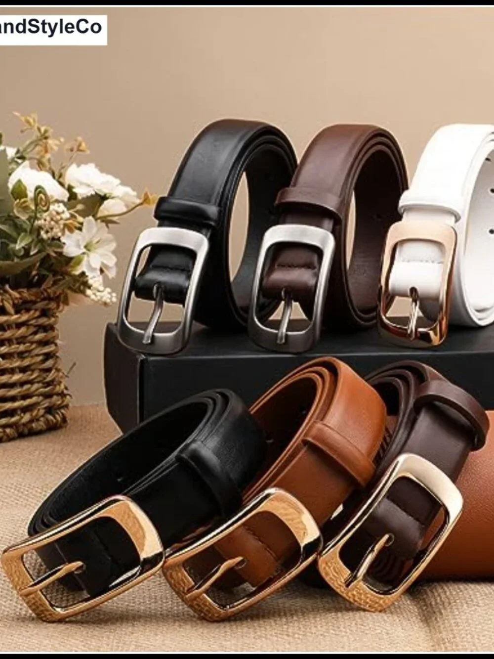Women's Faux Leather Belt with Gold/Silver Buckle for Jeans & Pants
